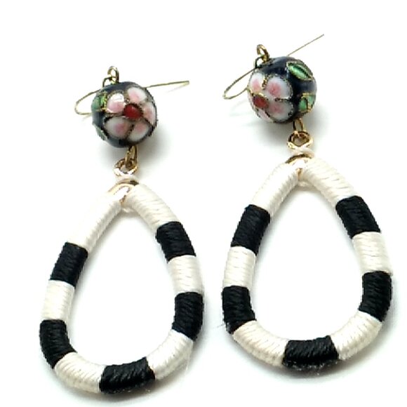 Black White Striped Hollow Waterdrop Faceted Ball Statement Earrings 2.75" - Picture 7 of 9